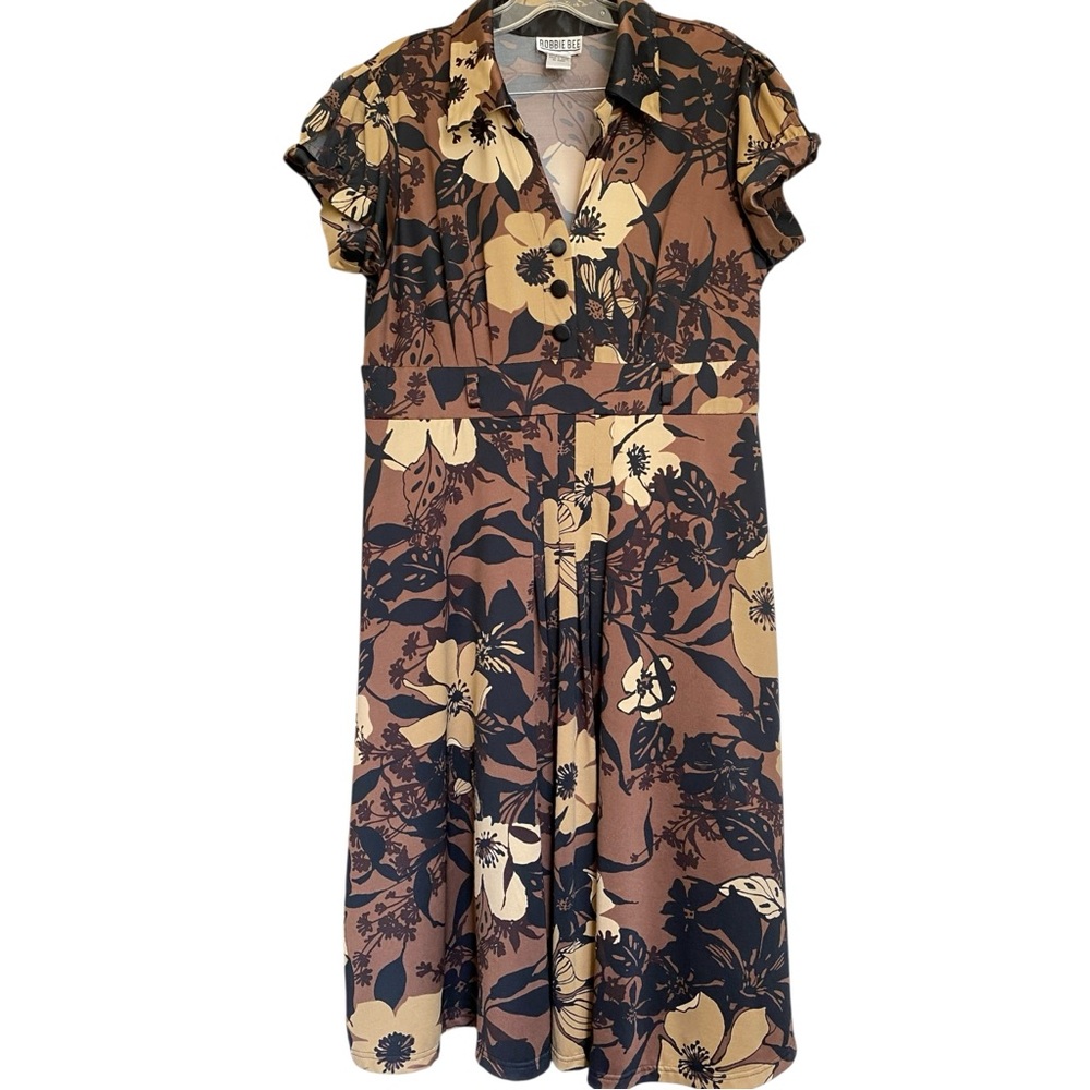 Robbie Bee Black Floral Collared Fit Flare Knee Length Tie Cap Puff Sleeve Dress